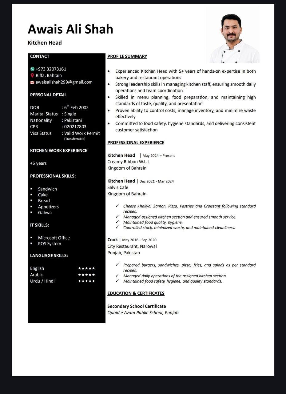 Riffa, Job Seekers, I Am Looking For Chef Job.