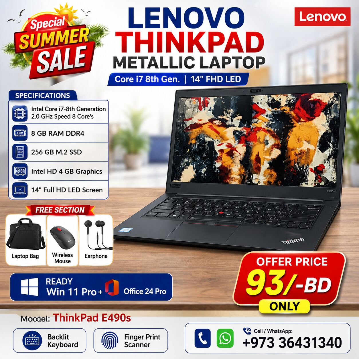 Manama, Electronics, BHD 93,  Lenovo Intel Core I7 8th Generation Laptop 14" Full HD Display 8GB RAM (Free Bag & Mouse)