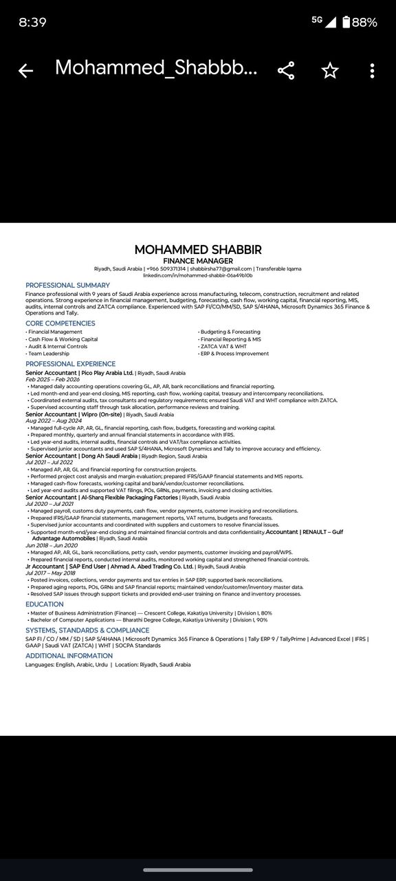 Riyadh, Job Seekers, Finance Manager, Cheif Accountant Or Senior Accountant