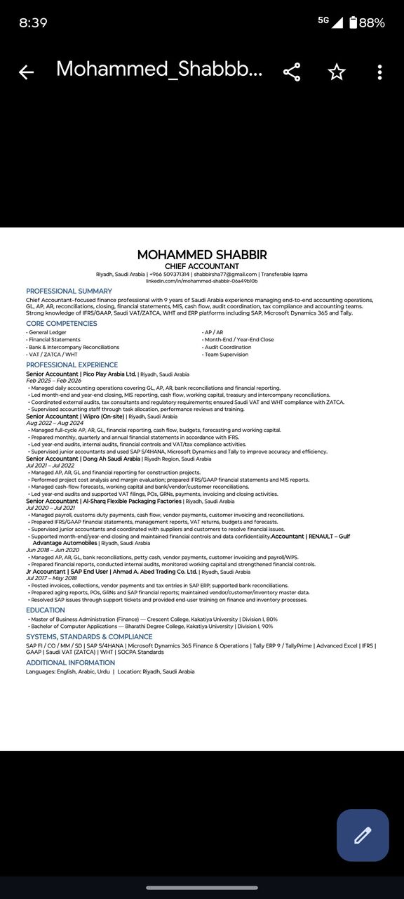 Riyadh, Job Seekers, Finance Manager, Cheif Accountant Or Senior Accountant
