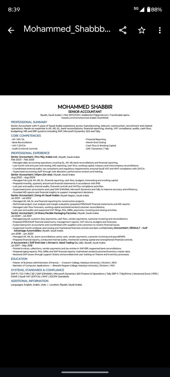 Riyadh, Job Seekers, Finance Manager, Cheif Accountant Or Senior Accountant