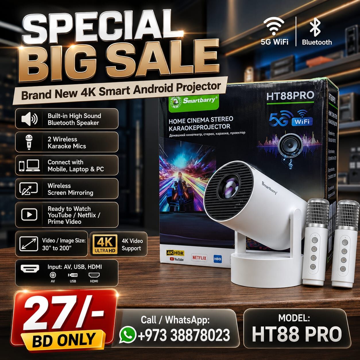 Manama, Computers, BHD 27,  Brand New 4K Smart Android 5G Projector With Remote & 2 Microphone