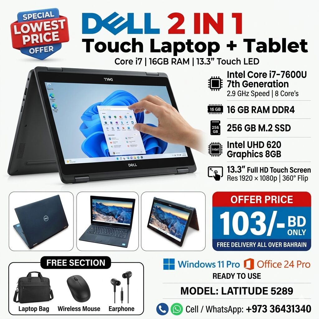 Isa Town, Computers, BHD 103,  DELL Core I7 Touch Laptop + Tablet Free Bag & Mouse 16GB RAM 13.3" Touch 360* Flip Screen