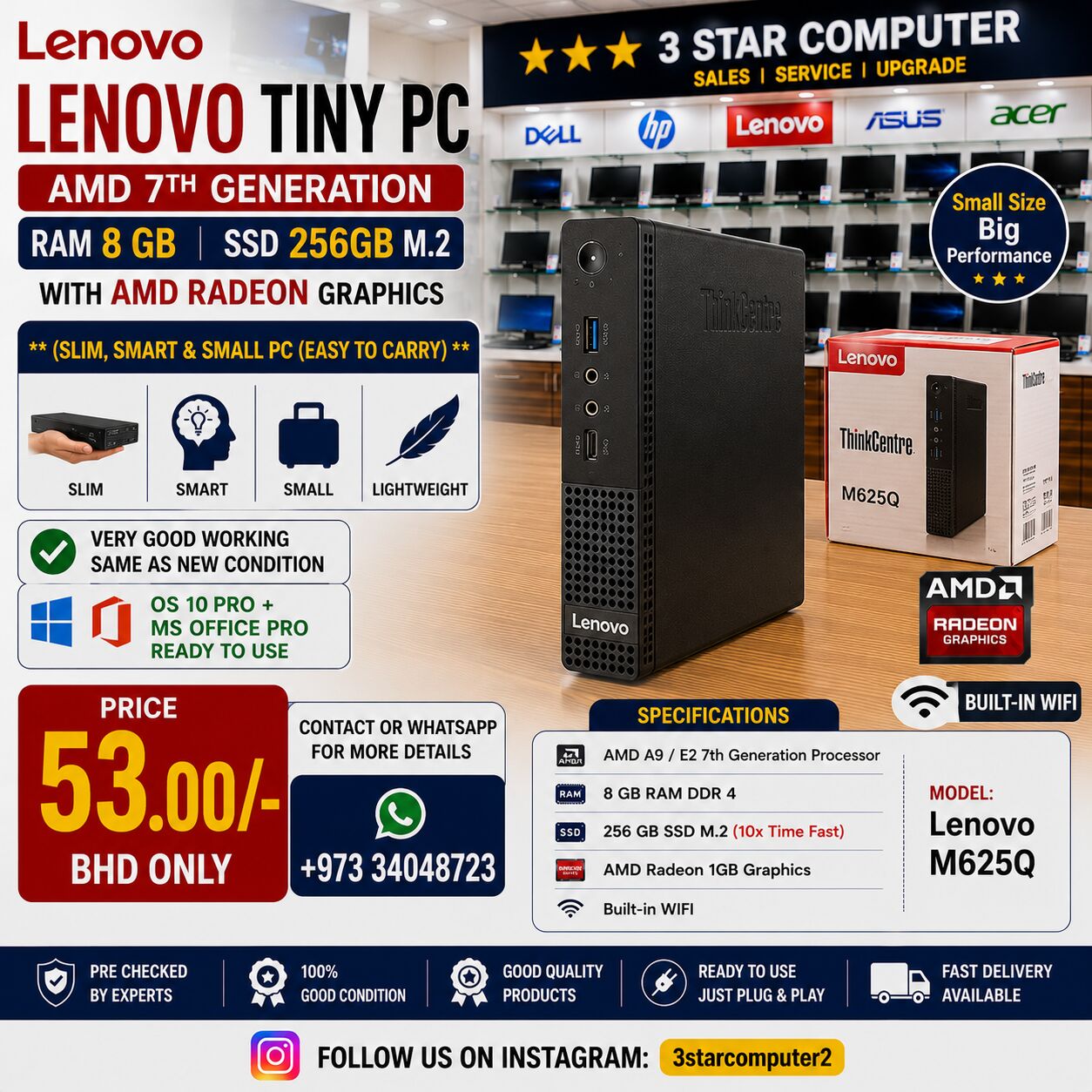 Manama, Tablet Computers, BHD 53,  Lenovo Tiny PC AMD 7th Gen RAM 8GB SSD 256GB M.2 AMD Graphics Built-in WIFI