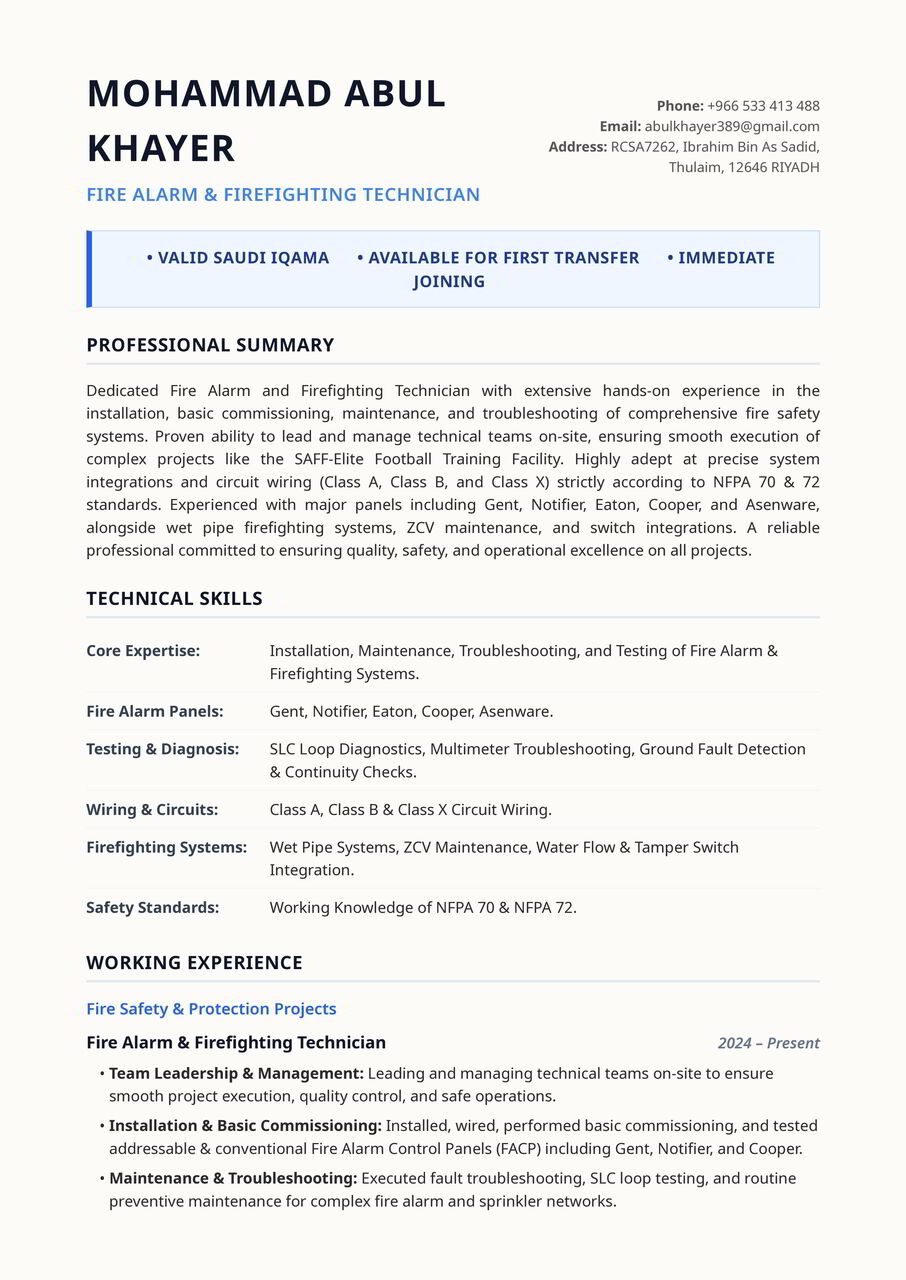 Riyadh, Job Seekers, Experienced Fire Alarm & Firefighting Technician | 1st Transfer | Immediate Join