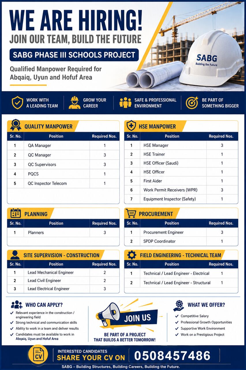Dammam, Jobs, SABG Phase III Schools Project &ndash; Multiple Job Vacancies In Abqaiq, Uyun & Hofuf