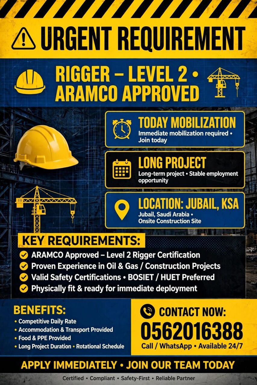Jubail, Jobs, Need Aramco Rigger 2