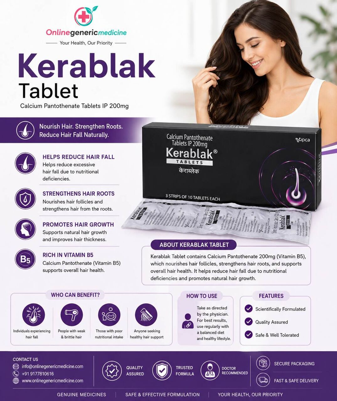 New York, Health & Beauty Items, USD 17,  Kerablak (Calcium Pantothenate 200mg) | Hair Fall & Hair Growth Support | Online Generic M