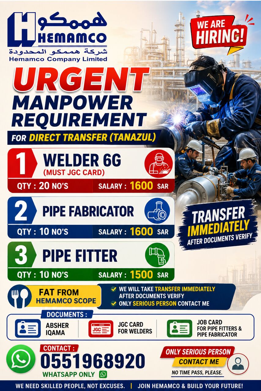 Dammam, Jobs, 🚨 URGENT MANPOWER REQUIREMENT 🚨 WELDER, PIPE FABRICATOR, & PIPE FITTER 🚨