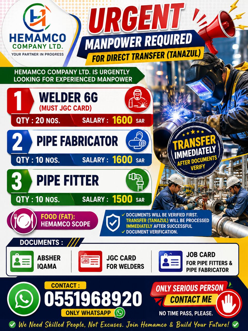 Dammam, Jobs, 🚨 URGENT MANPOWER REQUIREMENT 🚨 WELDER, PIPE FABRICATOR, & PIPE FITTER 🚨