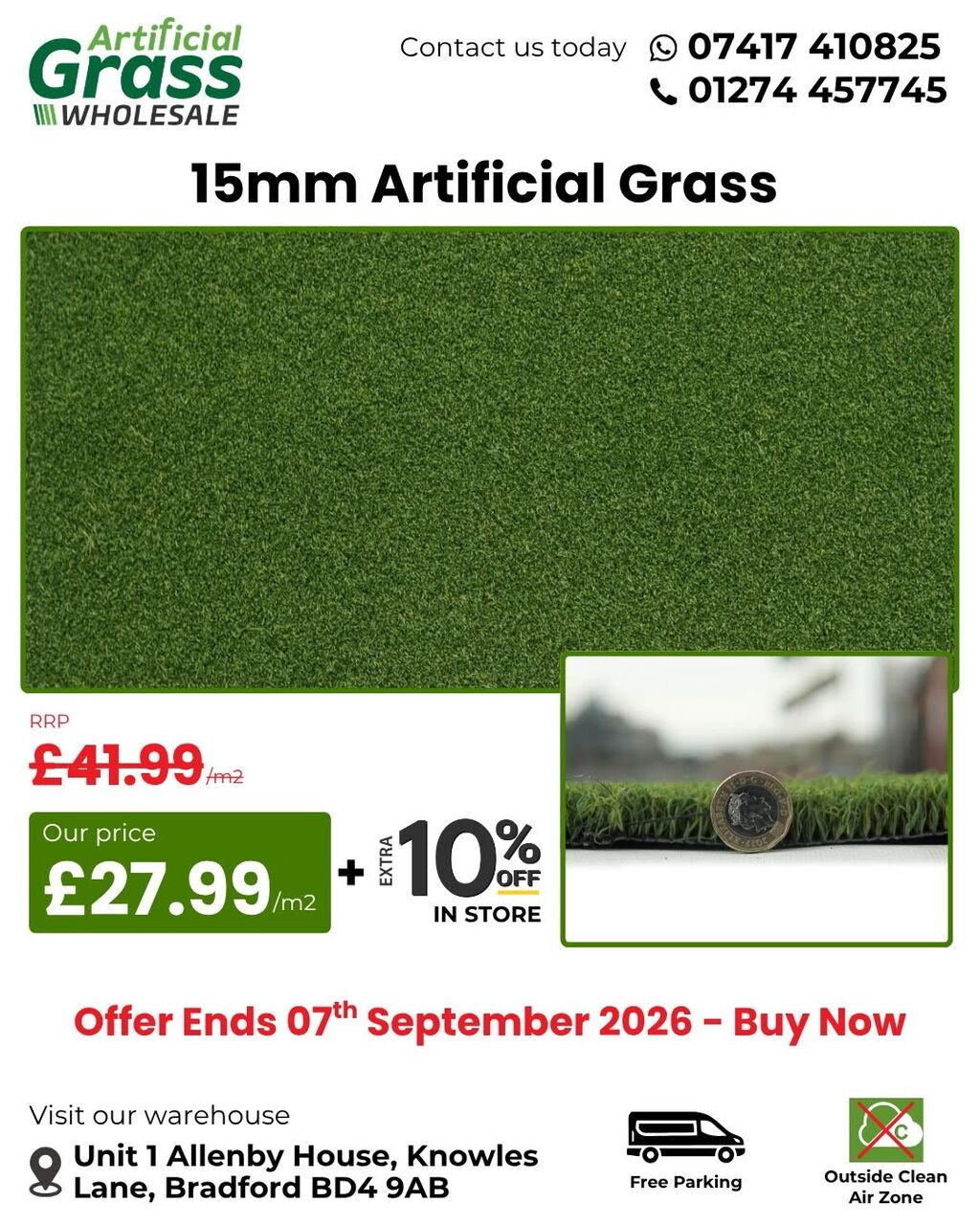 London, Household Items, GBP 27,  Bradford Warehouse Exclusive: Extra 10% Off 15mm Artificial Grass