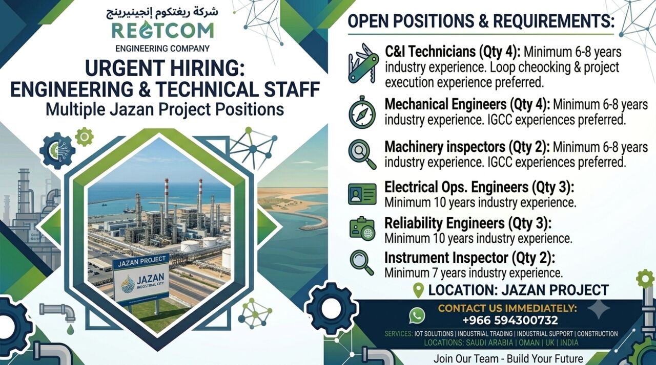 Jizan, Jobs, Requirements: Jazan Project I Regtcom Engineering