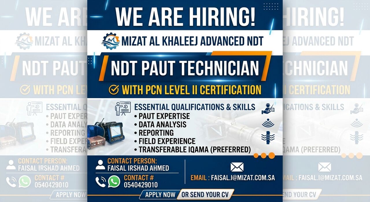 Dammam, Jobs, NDT PAUT TECHNICIAN WITH PCN LEVEL II