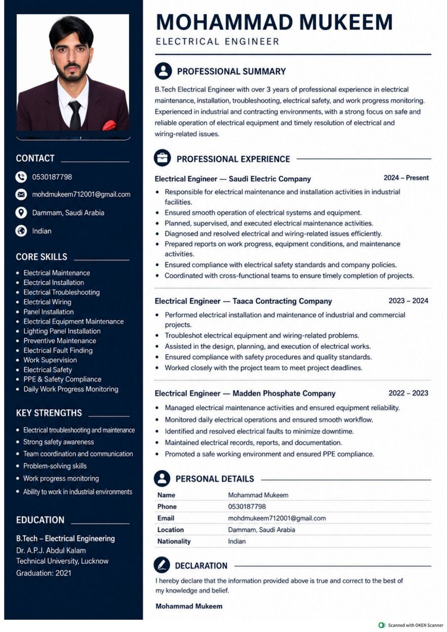 Dammam, Job Seekers, Electrical Engineer Position Mob. 0530187798