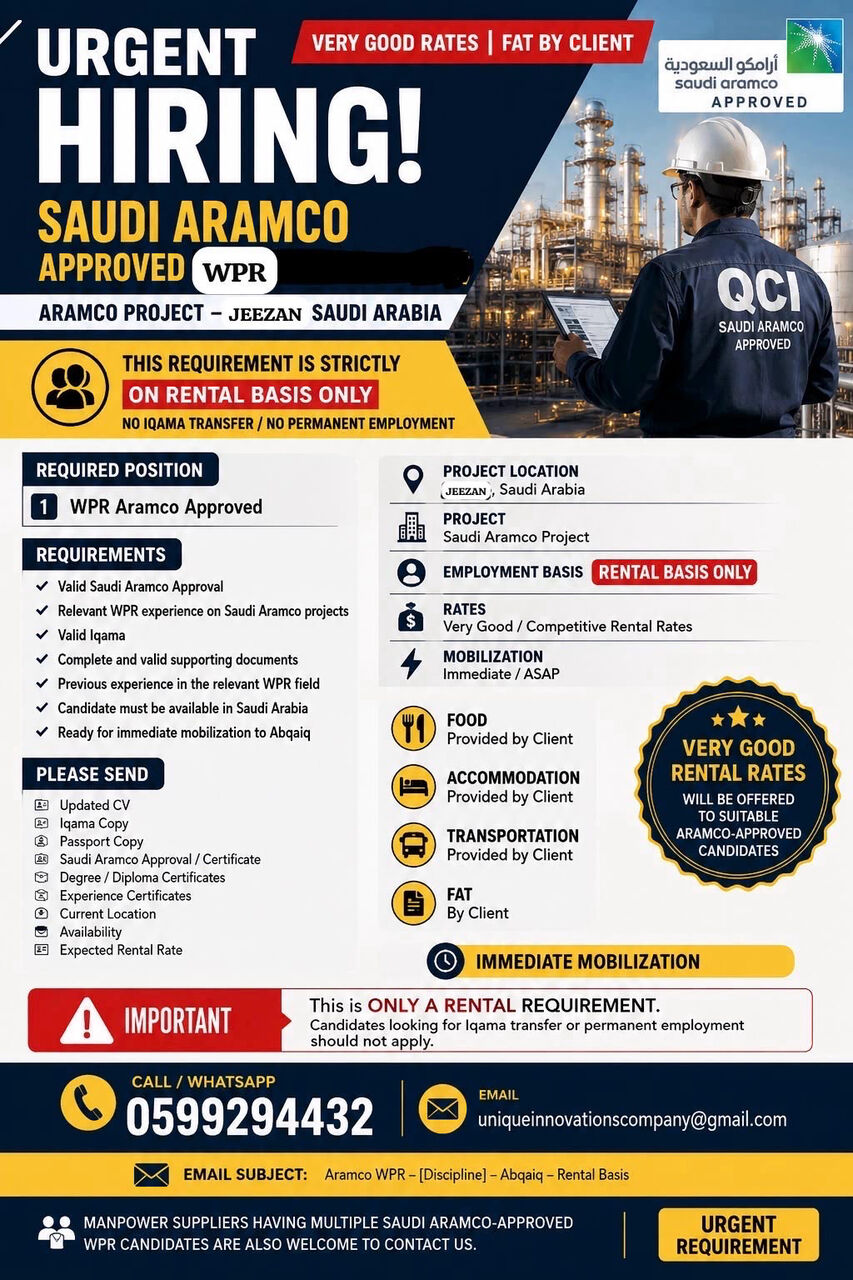 Khobar, Jobs, (JEEZAN ARAMCO PROJECT)Urgent Required 20/ WPR Aramco Approved For Jeezan