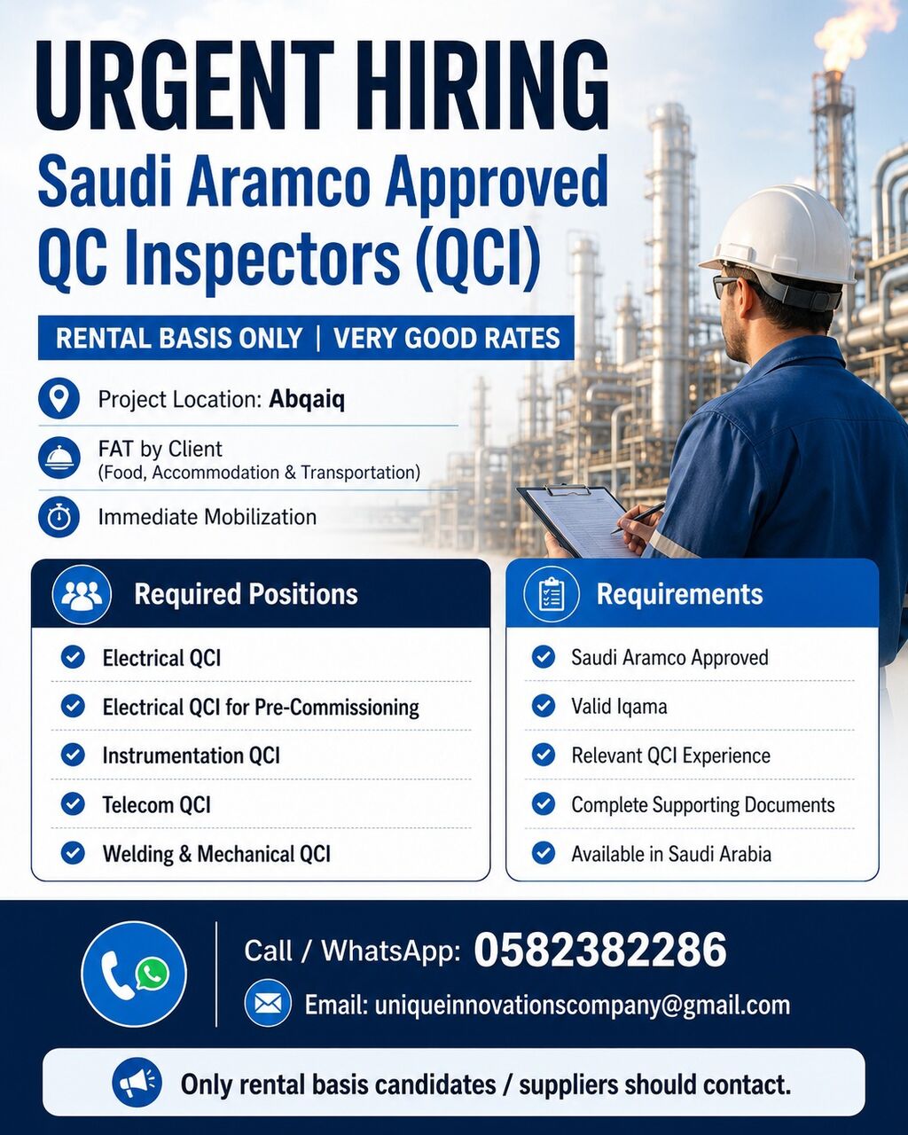 Abqaiq, Jobs, **URGENT HIRING &ndash; SAUDI ARAMCO APPROVED QC INSPECTORS (QCI) | ABQAIQ | RENTAL BASIS ONLY |