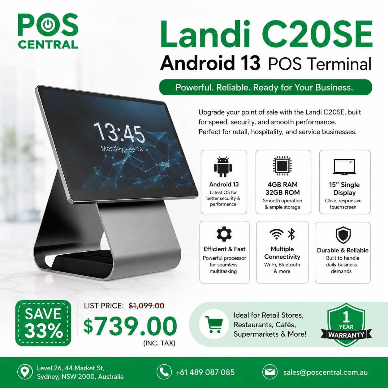 Sydney, Electronics, AUD 739,  Landi C20SE Android 13 POS Terminal &ndash; 15&rdquo; Touchscreen