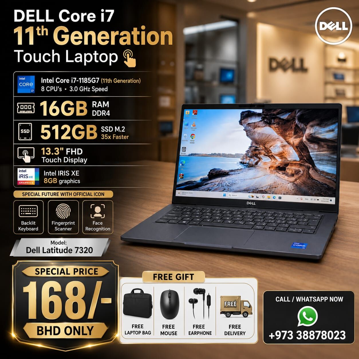 Manama, Tablet Computers, BHD 168,  DELL 11th Gen Core I7 Touch Business Laptop 16GB RAM 512GB SSD FHD Fingerprint, Face ID