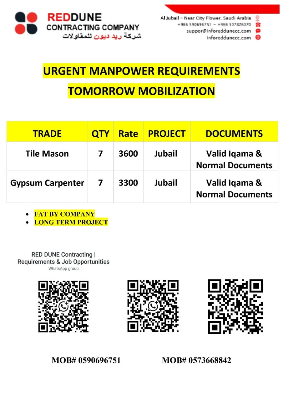 Jubail, Jobs, Tiles Mason & Gypsum Carpenter