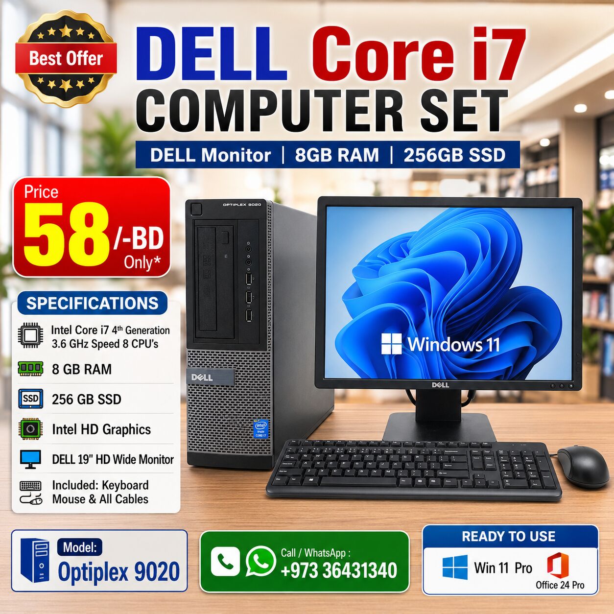 Isa Town, Computers, BHD 58,  Special Offer DELL Core I7 Computer Set DELL HD Wide Monitor 8GB Ram 256 GB SSD Win 11 Pro