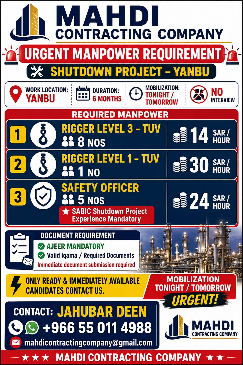 Jubail, Jobs, URGENT MANPOWER REQUIREMENT