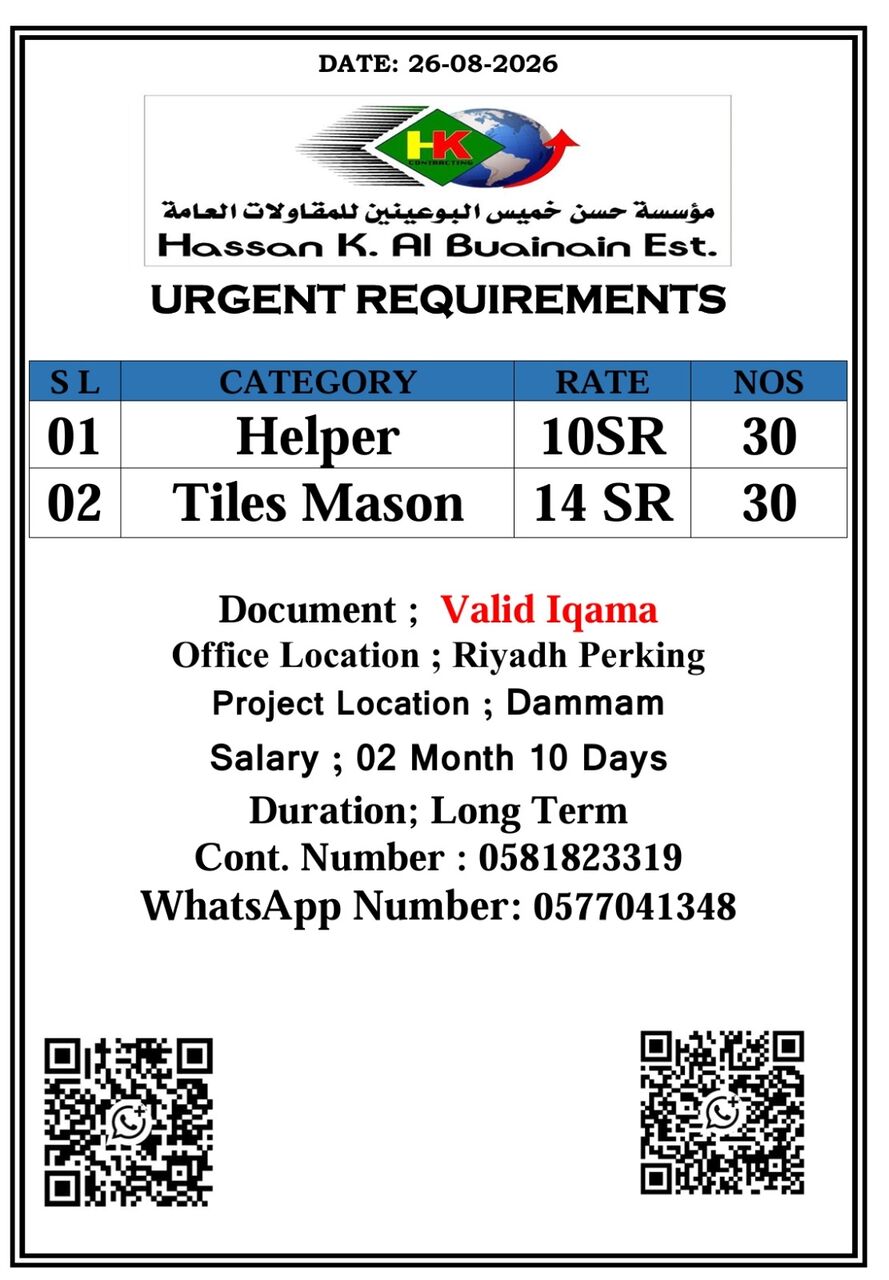 Jubail, Jobs, Urgent Required Helper And Tiles Mason In Dammam