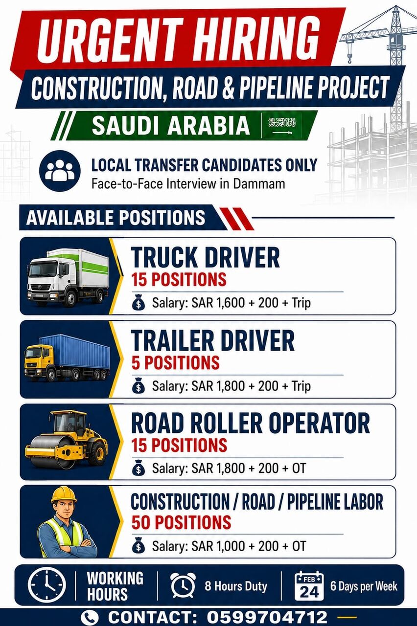 Dammam, Jobs, Trailer Driver, Truck Driver, Helper ( Transfer )