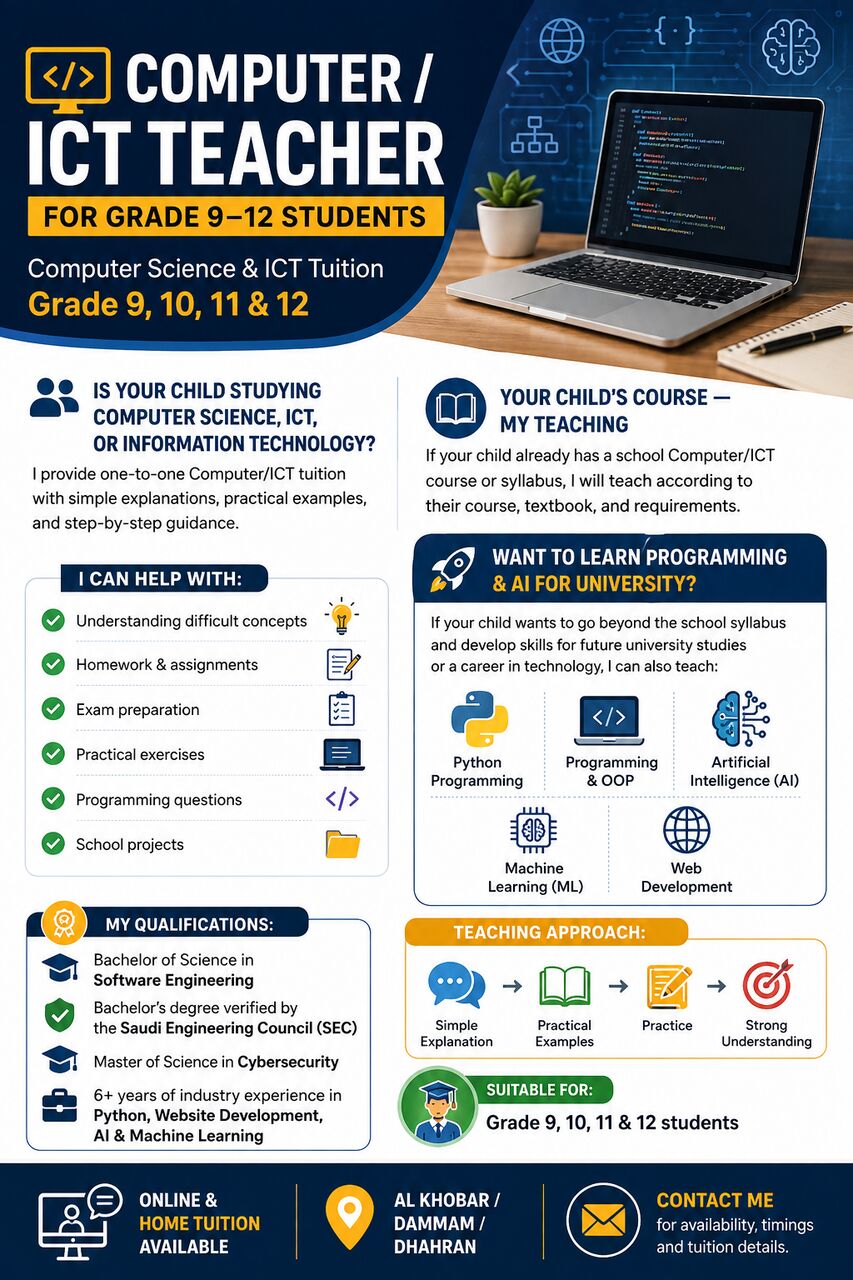 Al Khobar Al Shamalia, Lessons Offered, Computer Science & ICT Tuition &mdash; Grade 9, 10, 11 & 12