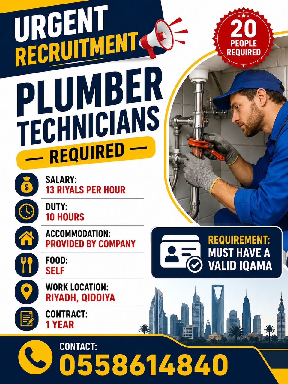 Riyadh, Job Seekers, 🚨  🔧 PLUMBER TECHNICIANS REQUIRED — 20 PEOPLE