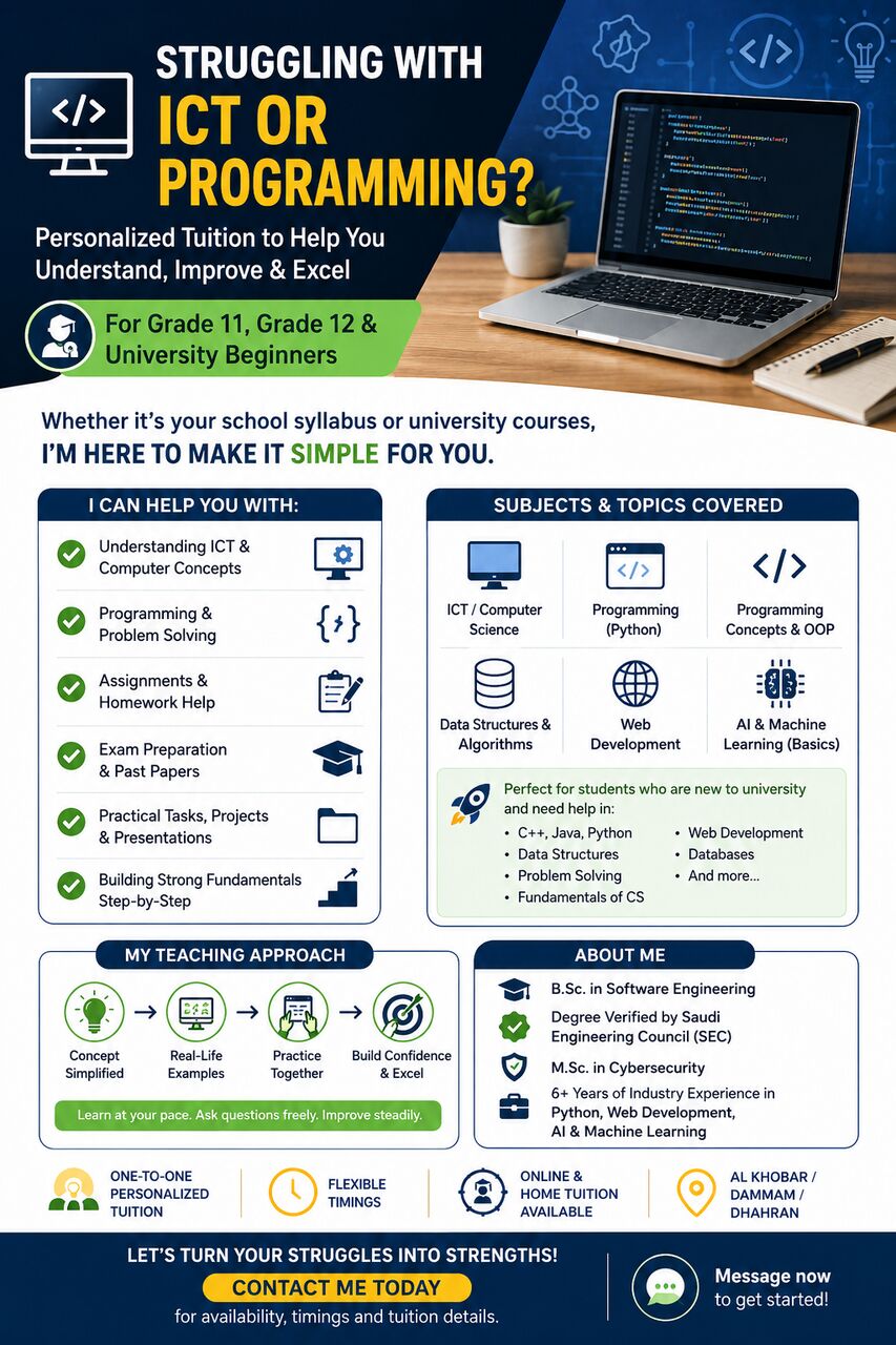 Al Khobar Al Shamalia, Lessons Offered, Struggling With ICT Or Programming? I Can Help!