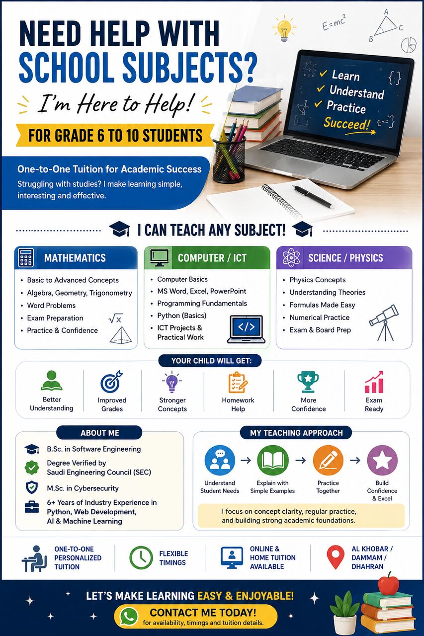 Al Khobar Al Shamalia, Lessons Offered, Personalized Tuition For Grade 6&ndash;10 Students