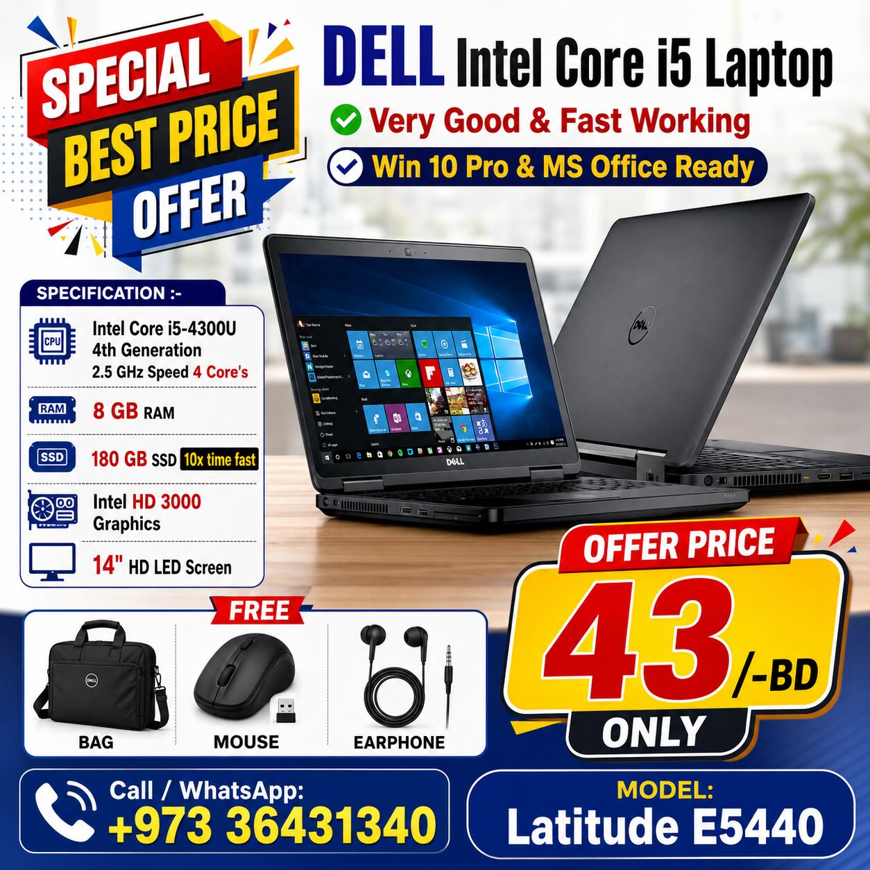 Manama, Electronics, BHD 43,  Best Price Offer DELL Core I5 Laptop 14" HD Display 180GB SSD + 8GB RAM (Free Bag + Mouse)