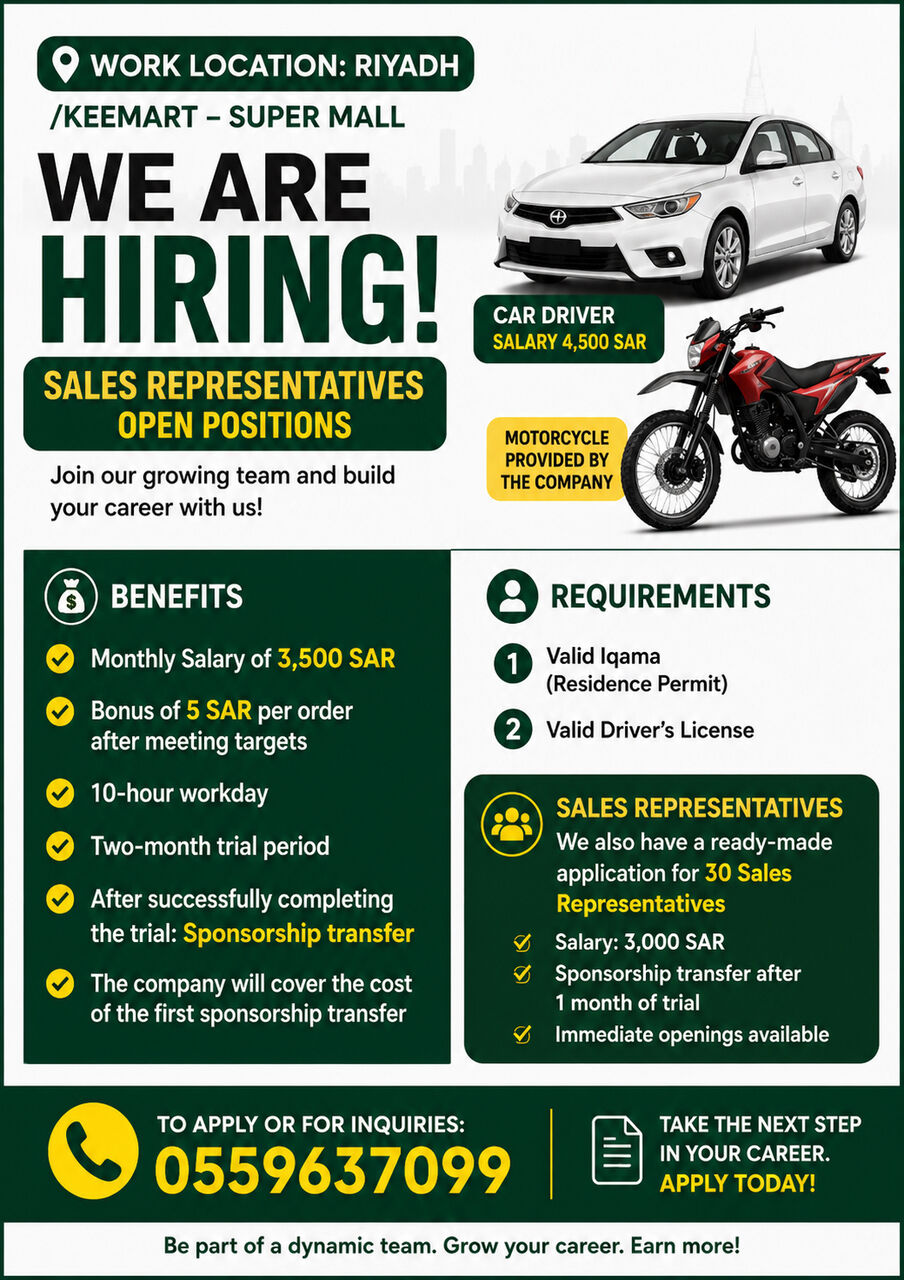 Riyadh, Jobs, Urgent Hiring &ndash; Sales Representatives, Bike & Car Drivers | Riyadh