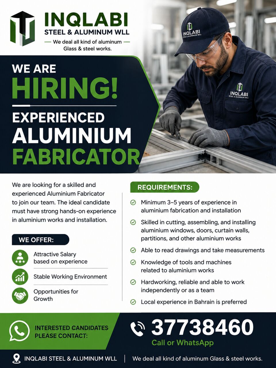 Salmabad, Jobs, WE ARE HIRING &ndash; EXPERIENCED ALUMINIUM FABRICATOR  INQLABI Steel & Aluminum WLL Is Looking