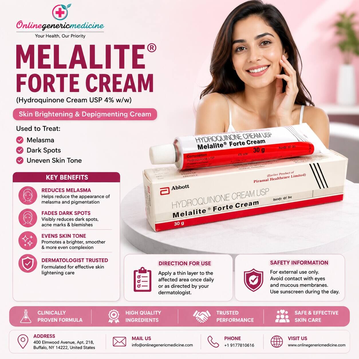 New York, Health & Beauty Items, USD 5,  Melalite Forte Cream 4% (Hydroquinone) 30gm | Melasma & Dark Spots | Online Generic Medici