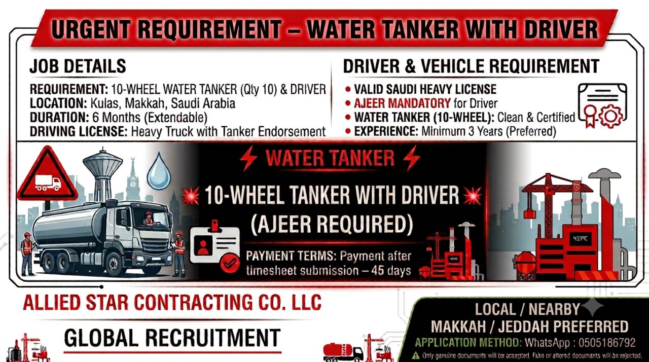 Makkah, Temp Jobs, 🚨 URGENT REQUIREMENT – WATER TANKER (LOCAL / NEARBY MAKKAH & JEDDAH MOST PREFERRED) 🚨