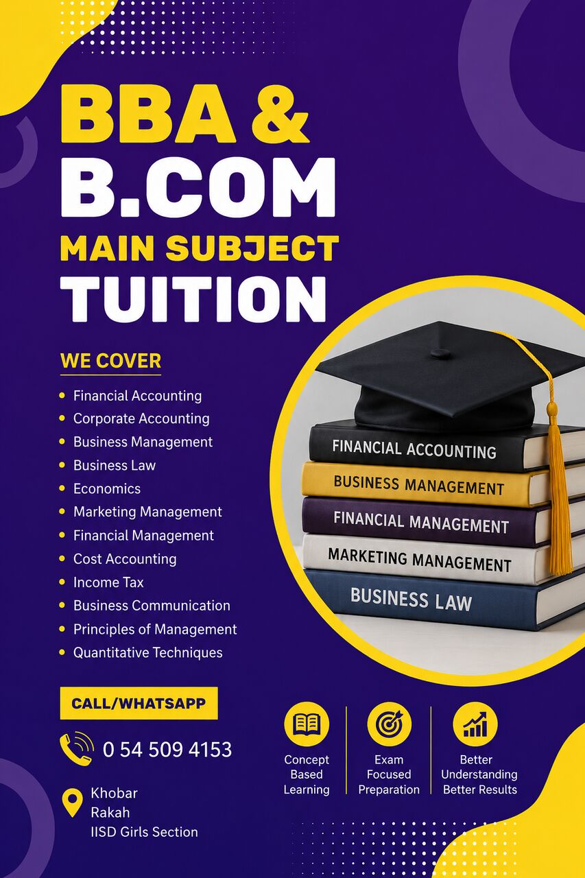 Khobar, Lessons Offered, BBA And B. Com Tuition