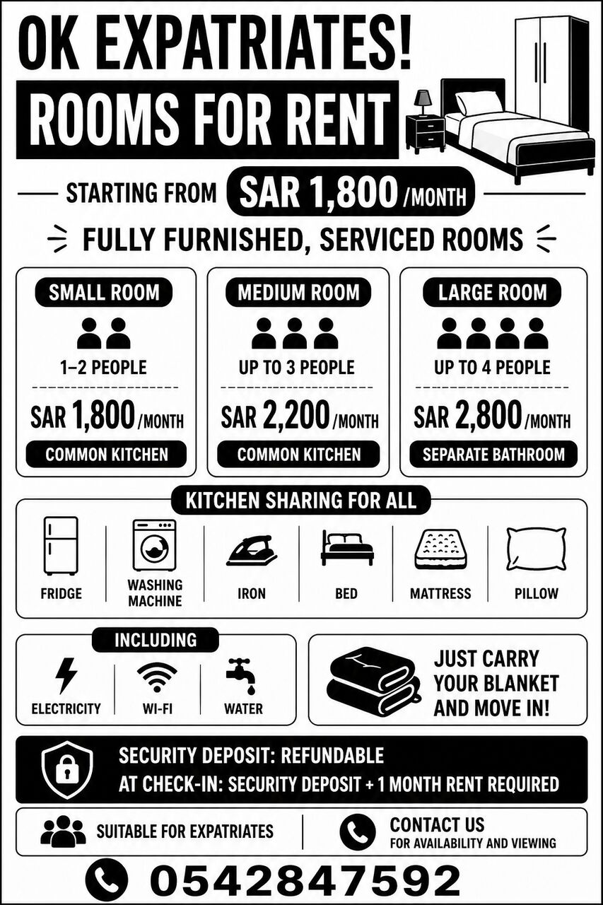 Al Batha, Rooms for Rent, SAR 1800/month,  Furnished,  Fully Furnished Serviced Rooms For Rent