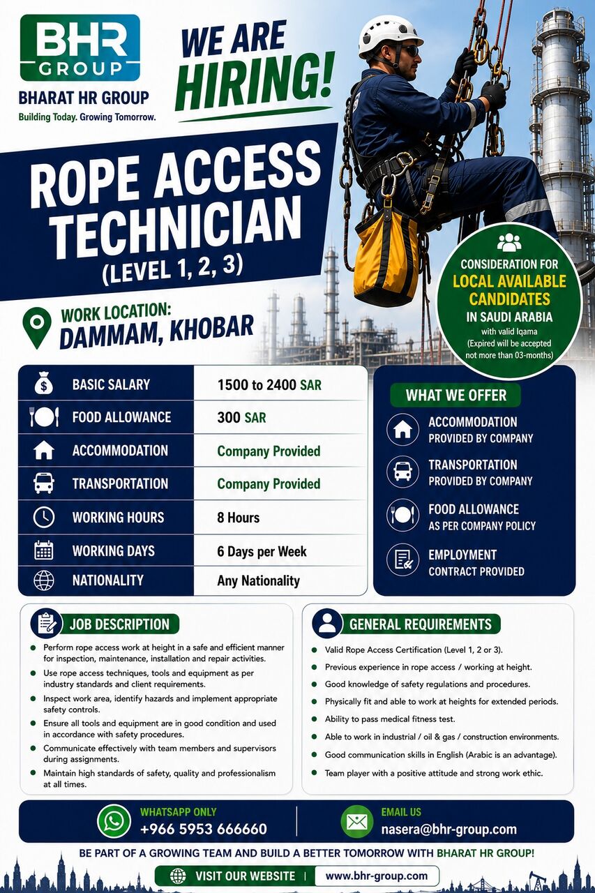 Dammam, Jobs, Rope Access Technician &ndash; Level 1, 2 & 3