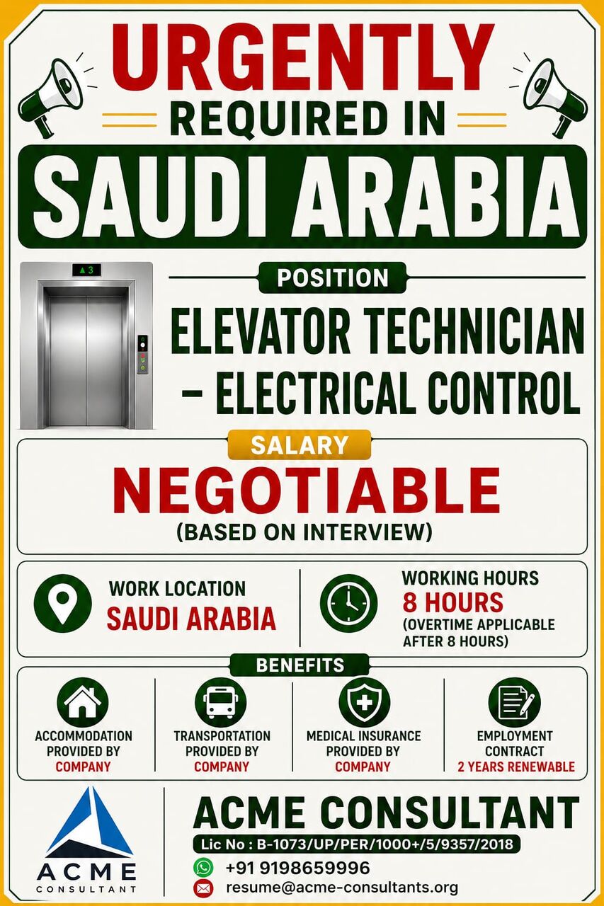 Mumbai, Jobs, Elevator Technician- Electrical Control