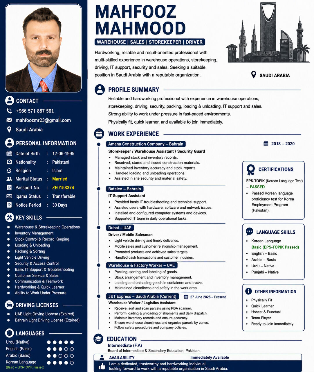 Riyadh, Job Seekers, Warehouse Worker / Storekeeper / Packing & Loading Worker