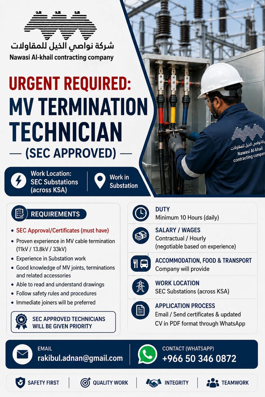 Riyadh, Jobs, Urgent Required: MV Termination Technician (SEC Approved)