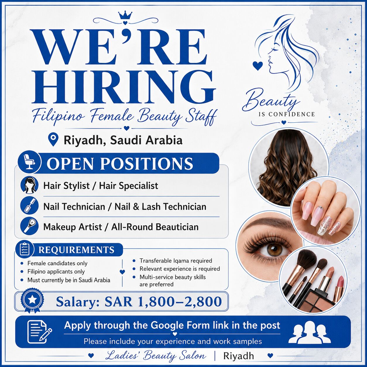 Riyadh, Jobs, We&rsquo;re Hiring For A Ladies&rsquo; Beauty Salon In Riyadh (Female ONLY)