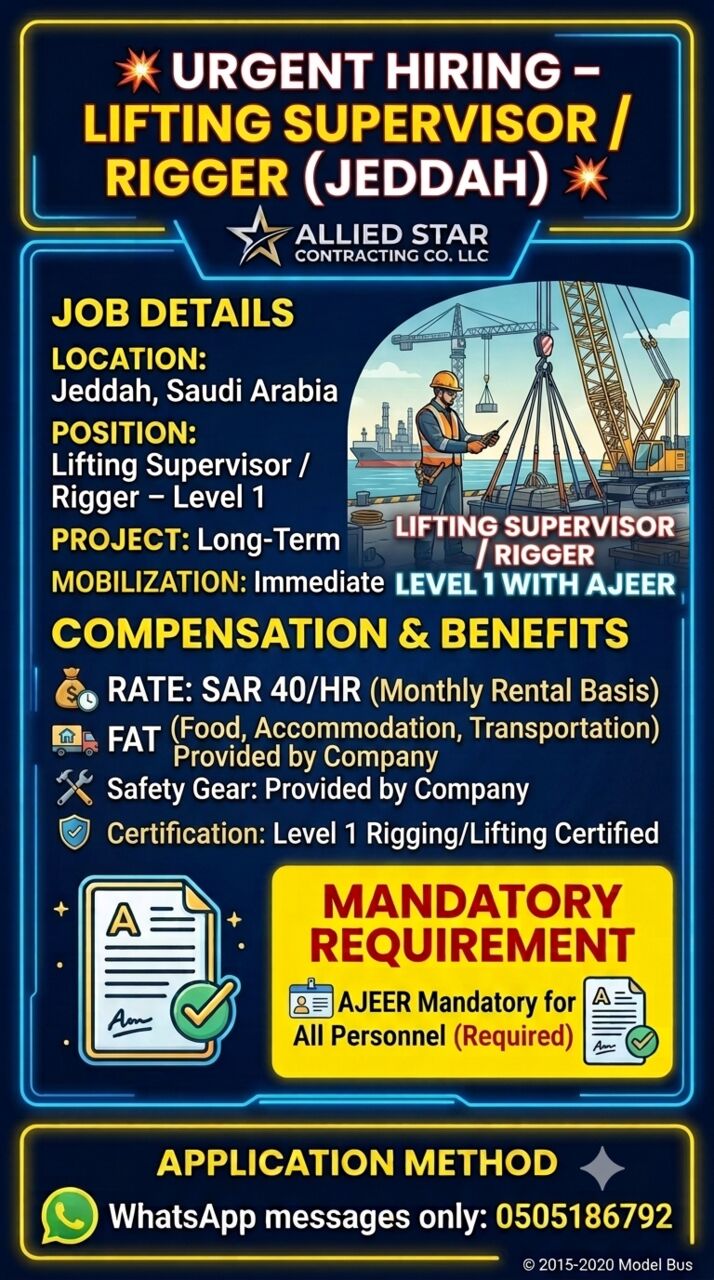 Jeddah, Jobs, 🚨 URGENT HIRING – LIFTING SUPERVISOR / RIGGER ON HOURLY RENTAL🚨