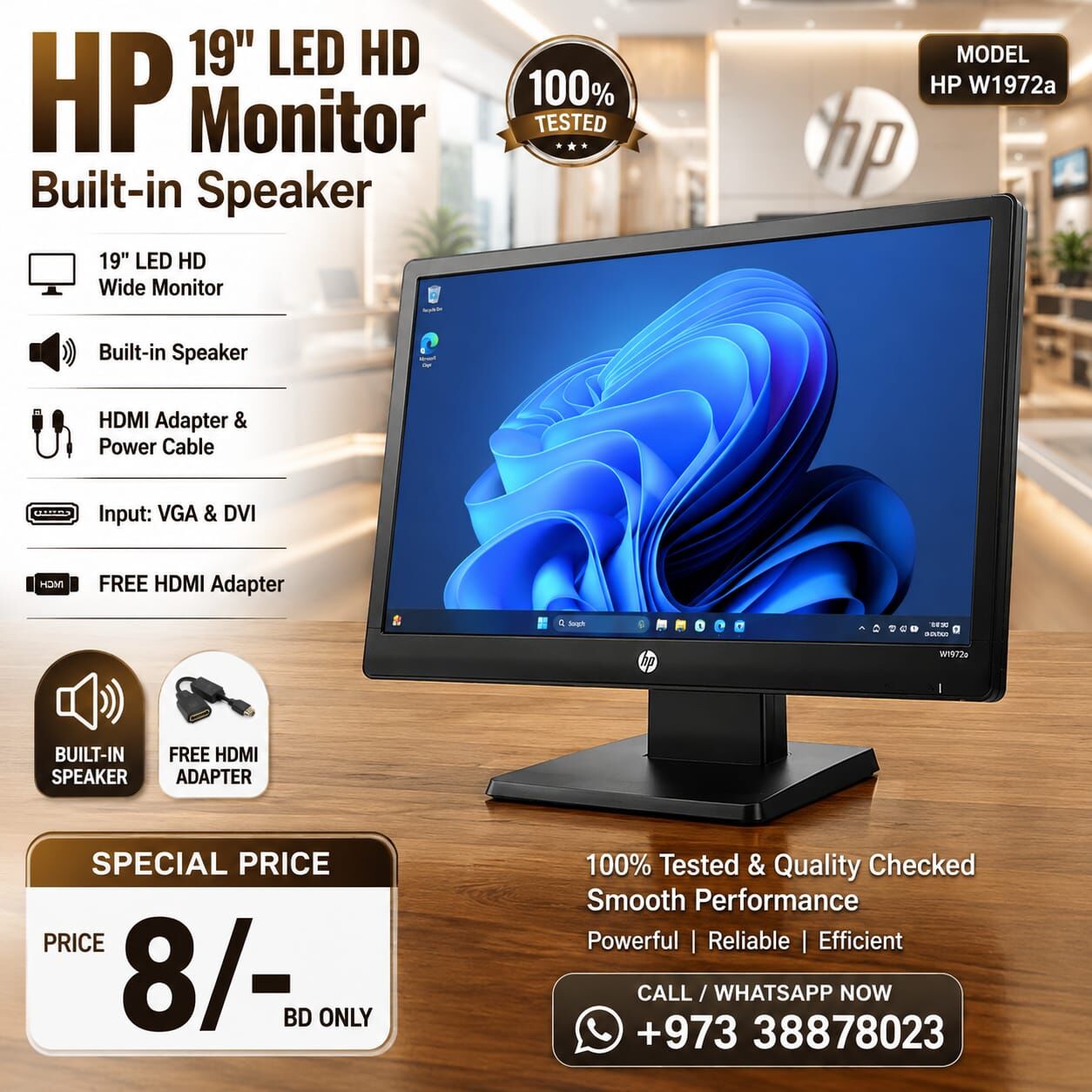 Manama, Tablet Computers, BHD 8,  HP 19"LED HD Monitor Built-in Speakers With HDMI Adapter & Power Cable