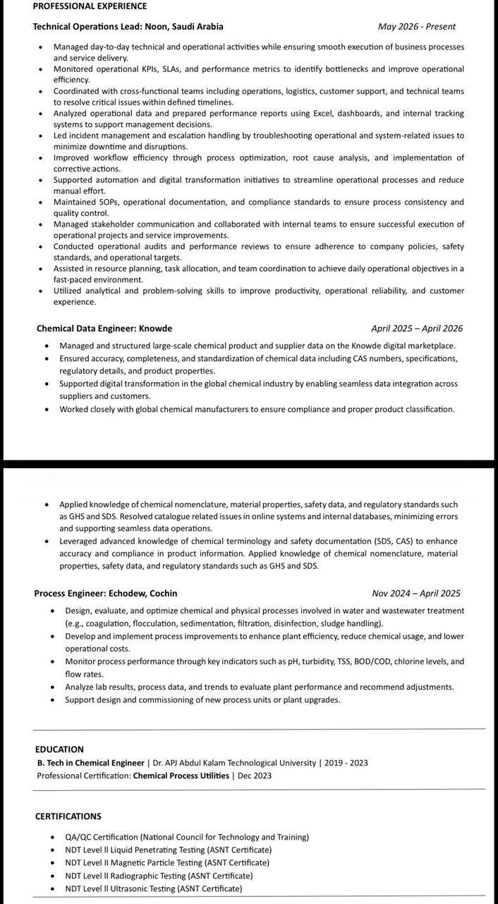 Jeddah, Job Seekers, Chemical Engineer / Operations Team Lead / Operations Supervisor Seeking Job Opportunity