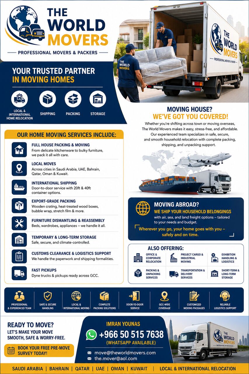 Dammam, Relocation, The World Movers - HOME SHIFTING▲2▲ALL KSA-BAHRAIN-QATAR▲DUBAI-UAE▲OMAN▲KUWAIT▲0505157638
