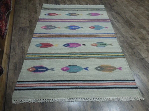 New York, Business, Fish Design Area Rug &ndash; 4x6 Turkish Oushak Wool Rug