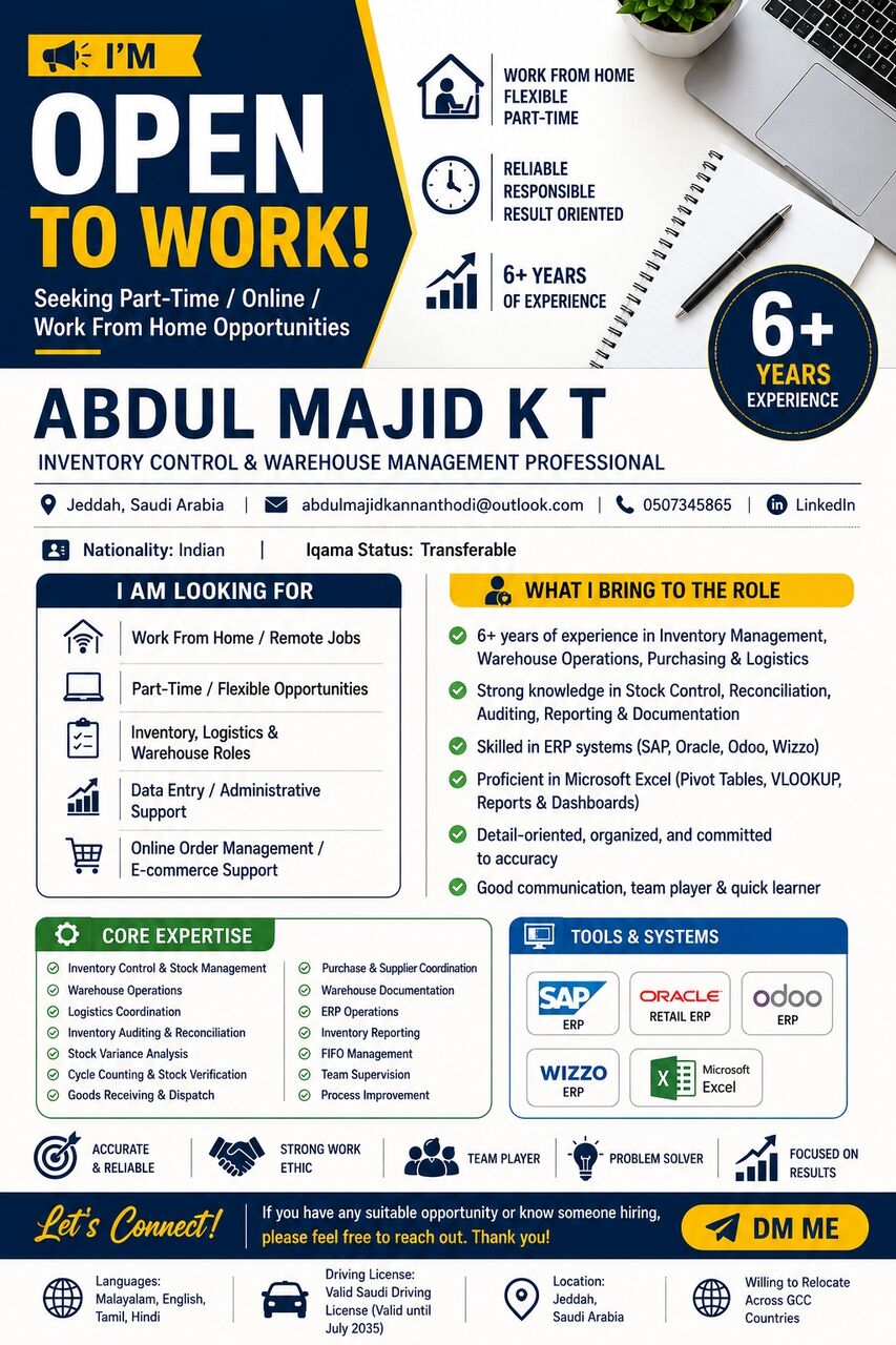 Jeddah, Job Seekers, Inventory Management &bull; Purchase & Procurement Support &bull; Stock Management &bull; Warehouse Opera