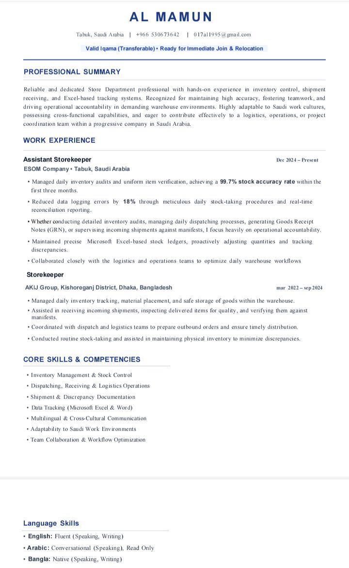 Riyadh, Job Seekers, Warehouse Assistant